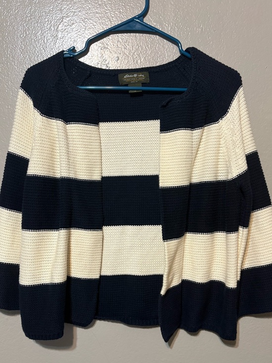 Eddie Bauer Sweaters - Adorable Women’s Eddie Bauer Navy and Cream Striped Open Cardigan Size M